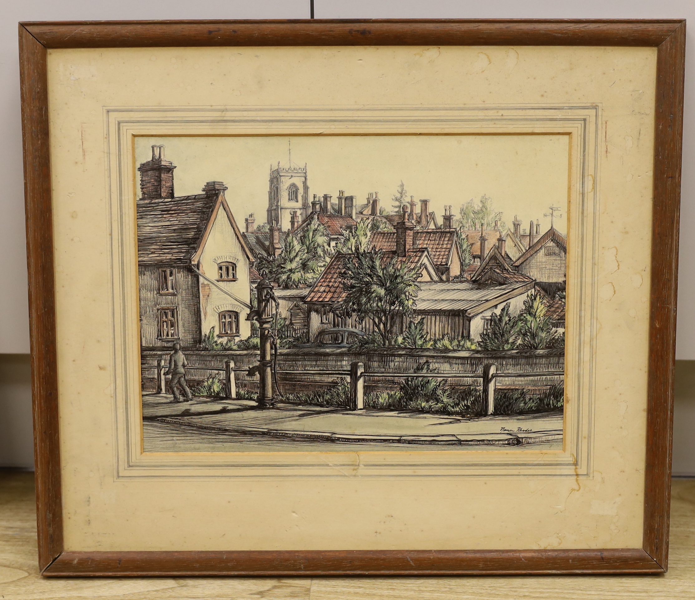 Mason Rhodes, ink and watercolour, English street scene, signed, 28 x 37cm